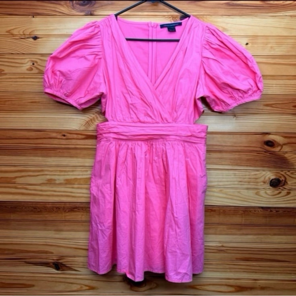 French Connect Bright Pink Cut Out Puff Sleeve Dress Size 12 Euc